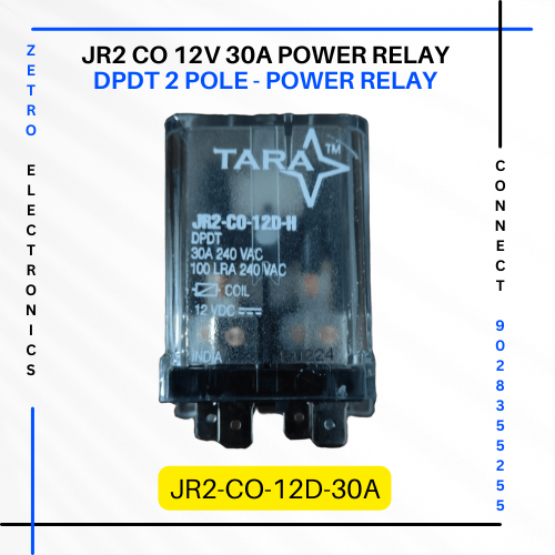 Power Relays Horizontal JR2 CO 12v 30A DPDT 2 POLE, Tara Relays - Zetro Electronics Pune - best ARD Panel Relay in India